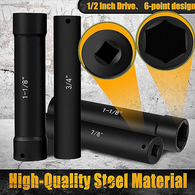 1/2 Inch Drive Extended Length Impact Socket Set 6Pcs, Extra Deep Socket Set Kit Includs Hex Sizes 3/4", 7/8", 15/16", 1-1/16”, 1-1/8", 1-1/4"