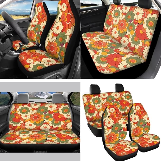 14 Pcs Beauty Hippie Floral Car Seat Cover Sets for Women Orange Boho Groovy Flower Auto Steering Wheel Cover+Seatbelt +Daisy Coasters+Keychains,Retro 70S Aesthetic Car Mirror Interior Cover