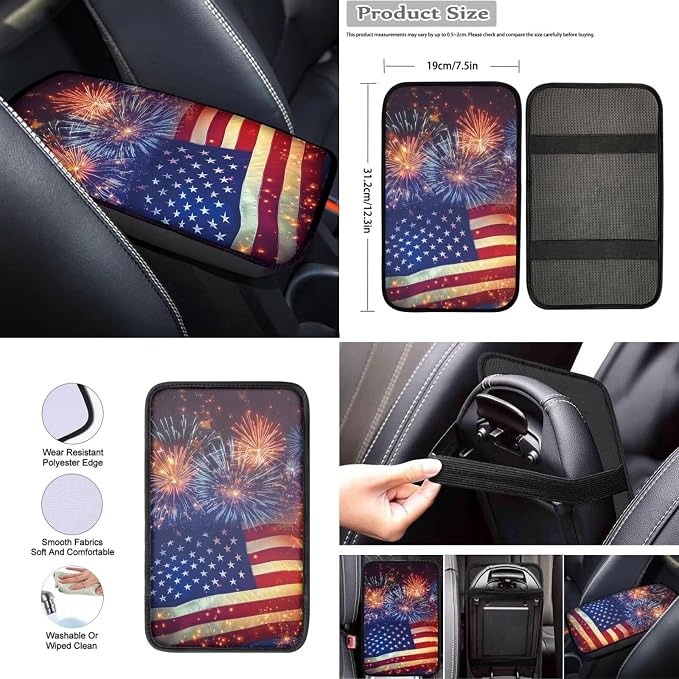 Wanyint Car Seat Covers Full Set 12 Pieces, with Steering Wheel Seat Belt Covers Armrest Pad Handbrake Gear Shift Knob Cover Cup Coaster Universal Fit for 4th of July, American Flag Fireworks