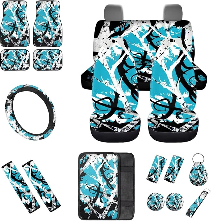 Blue Branch Design Car Interior Accessories Set of 18, Car Seat Covers Full Set with Floor Mats Steering Wheel Cover Shoulder Pads Armrest Pad Cover Roof Gloves Cup Coaster Keychain