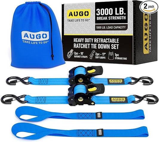 AUGO Retractable Ratchet Straps | 2 Heavy Duty Ratchet Straps Self Retractable Tie Downs with Soft Loops & Storage Bag for Motorcycle, Truck, Trailer, Cargo Van | 3000 Lb Break Strength 2” x 10’