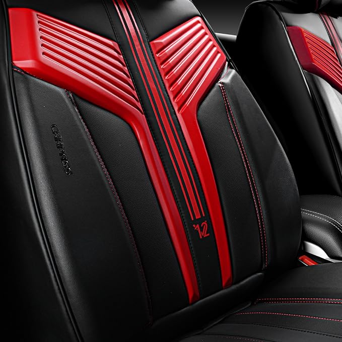 CAR PASS Nappa Leather Seat Covers, Breathable Waterproof Car Seat Covers Full Set, Luxury Leather Front and Back Seats Full Coverage, Universal Fit SUV Pick-up Truck Sedan Automotive(Black Red)