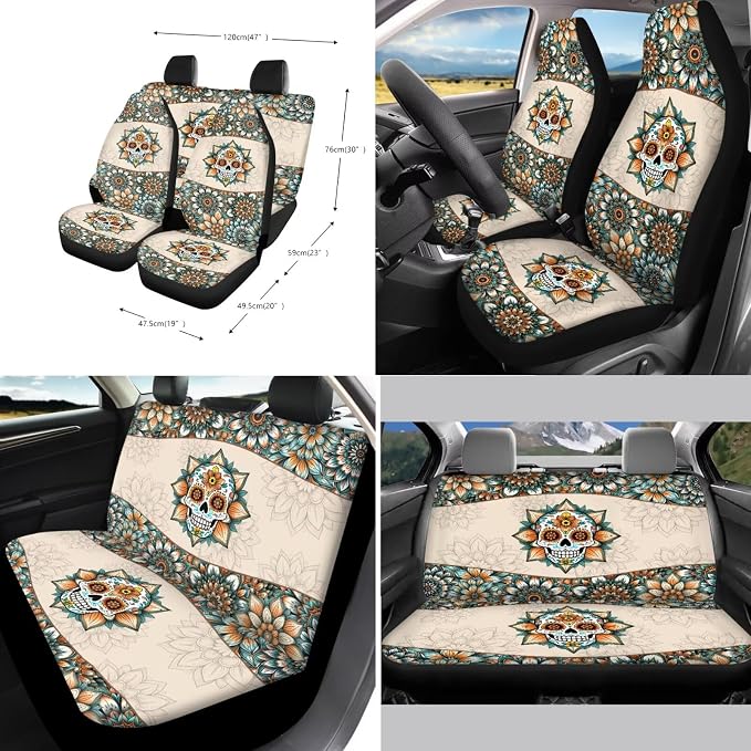 Suobstales Boho Mandala Sugar Skull Print Car Accessories with Car Front Rear Split Seat Covers, Seat Belt Pads + Steering Wheel Cover + Coaster + Keyrings for Women Men Set of 11-Pcs