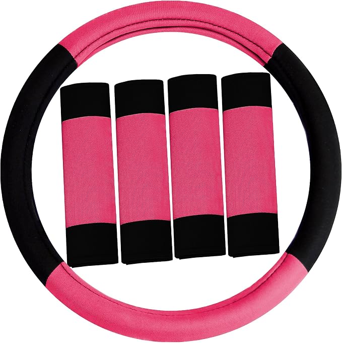 FH Group Automotive Seat Covers Unique Flat Cloth Pink Full Set, Combo Steering Wheel Cover and Seat Belt Pads Rear Solid Bench Universal Fit for Vans Cars Trucks and SUV Interior Accessories