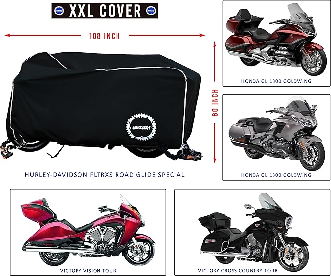 Nuzari Heavy Duty Motorcycle Cover - Motorcycle Covers Waterproof Outdoor Storage - Motorcycle Cover Waterproof Outdoor - Dirt Bike Covers (Black, XX-Large)