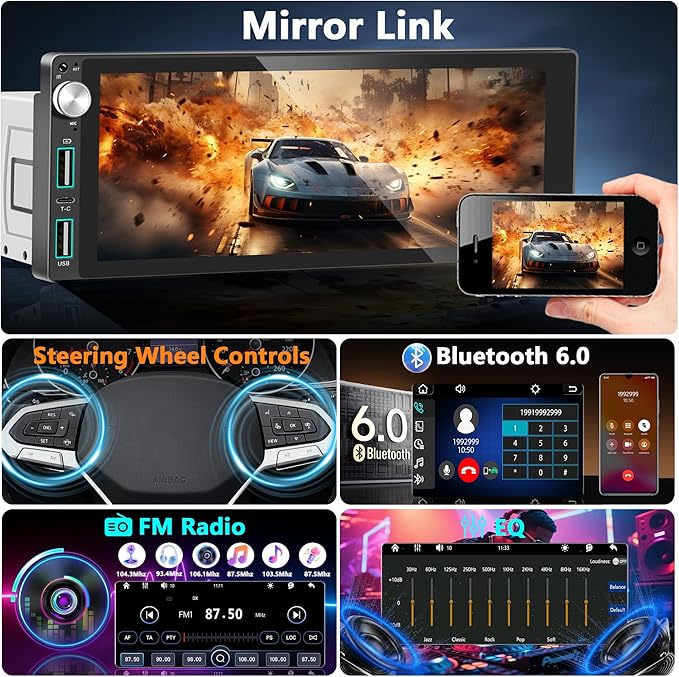Single Din Car Stereo with Apple Carplay Android Auto,6.9 Inch IPS Touchscreen, 1 Din Car Audio Receivers wtih Bluetooth Handsfree/FM/AM/Dual USB/Type-C/EQ/SWC/GPS Navigation/Backup Camera/Microphone