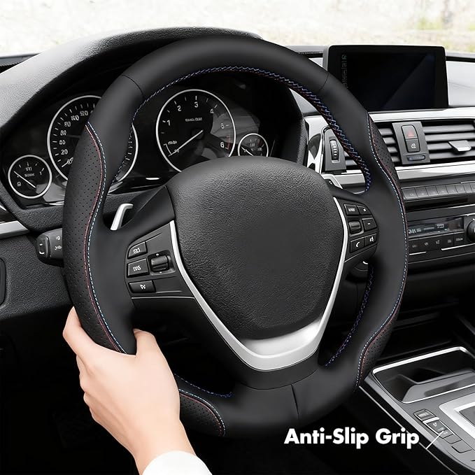 MEWANT Hand Stitch Steering Wheel Cover for BMW 2 Series F22 F23 2014-2020 3 Series F30 F34 2012-2018 4 Series F32 F33 F36 2014-2020 Black Genuine Leather Interior Accessories