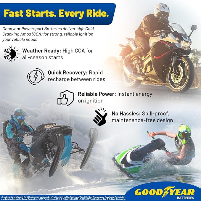 Goodyear GYTX7A -12 Volt 7 AH, 105 CCA, Rechargeable High-Performance, Maintenance Free, SLA - AGM Battery for Motorcycle, ATV, UTV, 4-Wheeler, Snowmobile, Watercraft and More!
