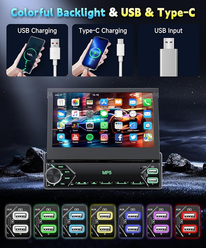 7 Inch Flip Out Touchscreen Car Stereo-Single DIN with Bluetooth 5.0, Mirror Link, Backup Camera & Type-C Fast Charging | Compatible with Most Vehicles