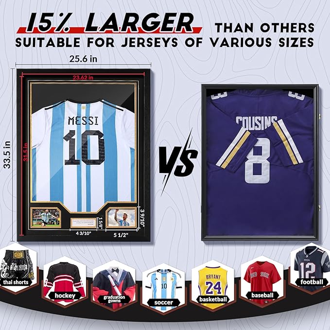 JupDec Jersey Frame Display Case, Large Clear Acrylic Shadow Box with UV Protection for Baseball Basketball Football Soccer Hockey shirts, Wall Mount Wooden Showcase, Idea Gift for Sports fans, 1 pack