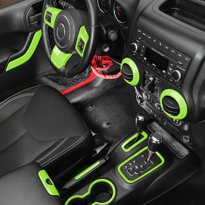 Hoolcar Steering Wheel Cover Gear Shift Panel Trim Cover Water Cup Holder Cover Kit Interior Accessories Kit Fit for Jeep Wrangler JK JKU 2011-2018, 4-Door, Light Green