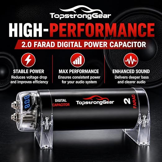 TOPSTRONGGEAR 2 Farad Digital Power Capacitor for Car Audio System, Performance Car Audio Capacitors with LED Digital Display, Voltage Readout, Surge Protection, Mounting Hardware, 12V/24V Compatible