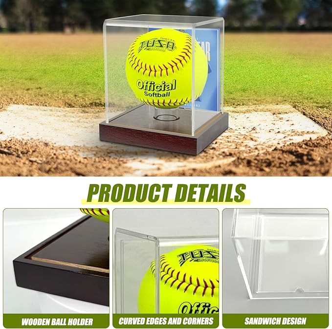 Softball Display Case Clear Soft Ball Holder for Display,UV Protected Cube with Wooden Base,Softball Display Case for 12 Inch Ball or 11 inch Ball Sports Ball Storage Collections (4×4×4.8 inches)