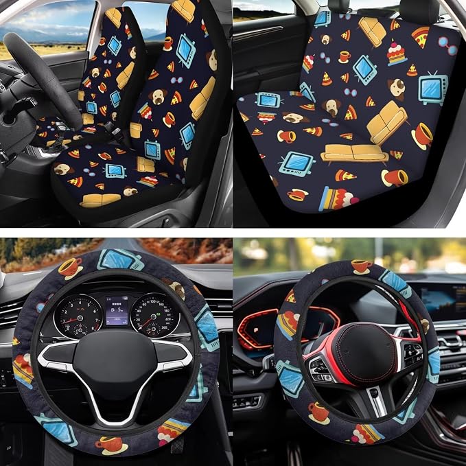 Cartoon Style 12 Pcs Car Seat Covers Full Set with Steering Wheel Cover,Seat Belt Covers Cup Holder Center Console with Keychain Universal Fit for Cars SUV