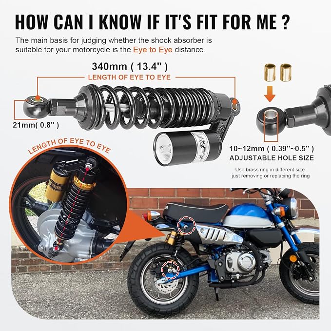 13.4" 340mm Pair Universal Motorcycle Air Rear Shock Absorbers for HONDA for Suzuki for Yamaha for Kawasaki ATV Go Kart Quad Dirt Sport Bike,Black