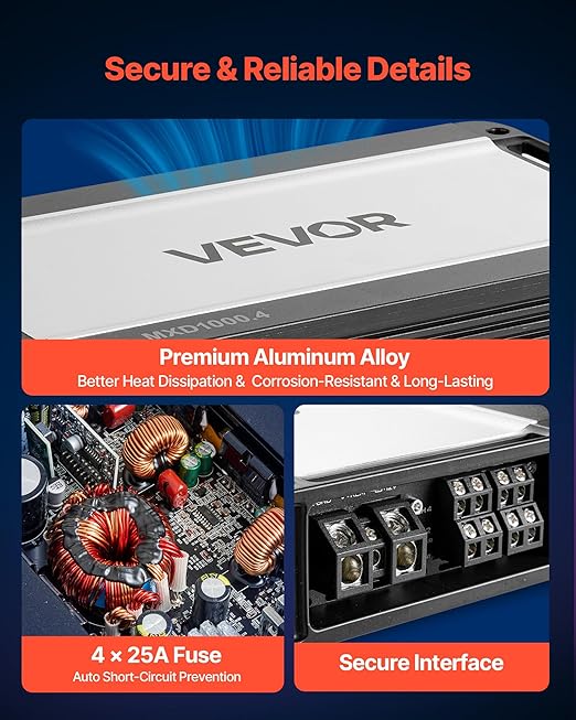 VEVOR 4 Channel Car Audio Amplifier 2 Ohm Stable Bridgeable Class D Full Range Amp Max Power 4 x 500W @ 4 Ohm / 4 x 1000W @ 2 Ohm for Car SUV Truck Off-Road