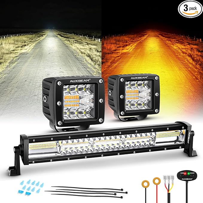 Auxbeam 22-Inch LED Light Bar & 3-Inch Cube LED Pods Combo Set 3-Pack | 6 lighting modes series, Amber white dual-color strobe lights, Spot flood combo beam, Flashing offroad fog lights