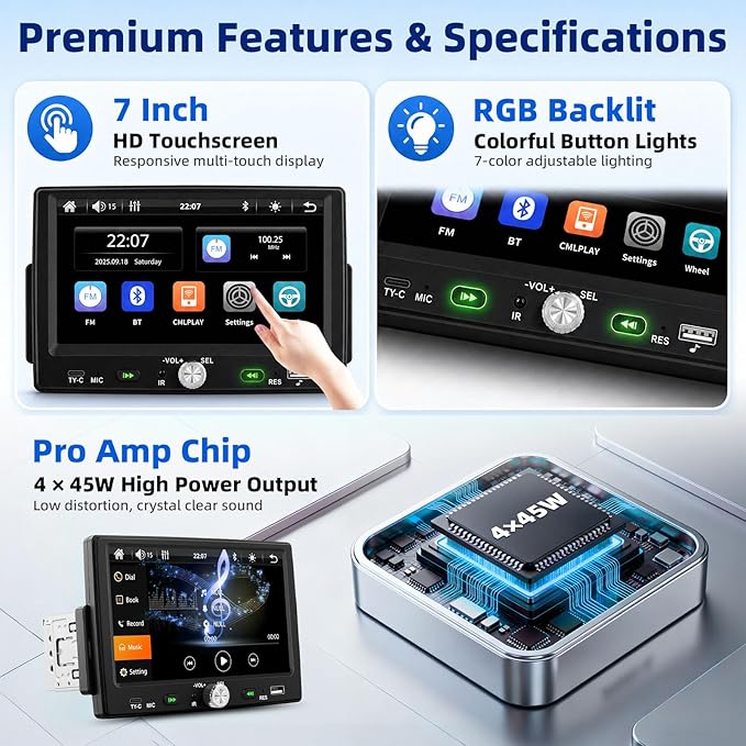 7 Inch Single Din HD Touchscreen Car Stereo CarPlay Android Auto, 1 Din Android Car Stereo with Bluetooth 5.0, Mirror Link, FM, Steering Wheel Control, EQ, USB/Type-C, Supports Reversing Camera