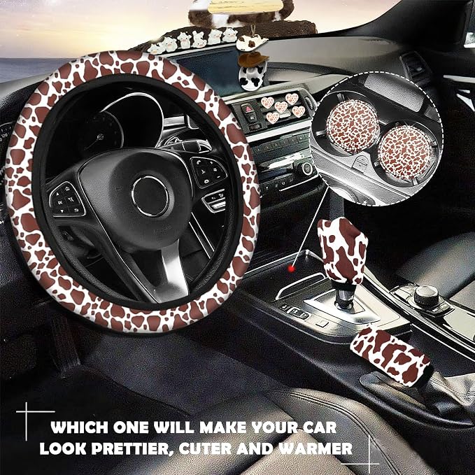 29 PCS Cow Pattern Car Accessories,Including Dashboard Decoration,Rearview Mirror Decoration,Etc,Suitable for Sedans,SUVS and Other Models,Cute Car Interior Sets Suitable for Women (Brown)