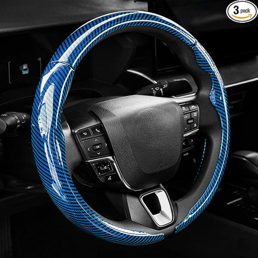 West Llama 3 Piece Carbon Fiber Steering Wheel Cover, 14.5-15 Inch 3 Pc Auto Car Steering Wheel Cover Universal Fit for 99% Cars, SUVs, Trucks (Glossy Blue)