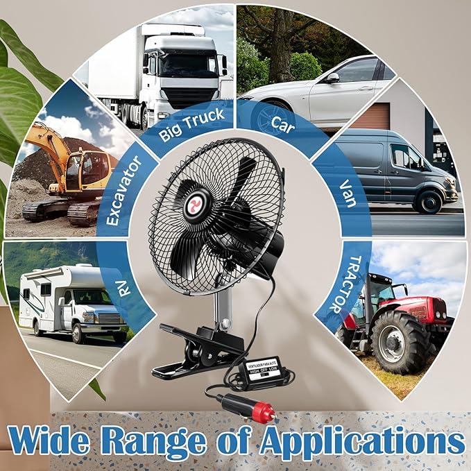 Tujoe 2 Pcs Portable Car Fan with Car Cigarette Lighter Electric Cooling 12 Volt Oscillating Fan 12 Volt Fan Automobile Vehicle 360 Degree Swivel Fan with Clip for Car Truck Supplies, Black (10 Inch)