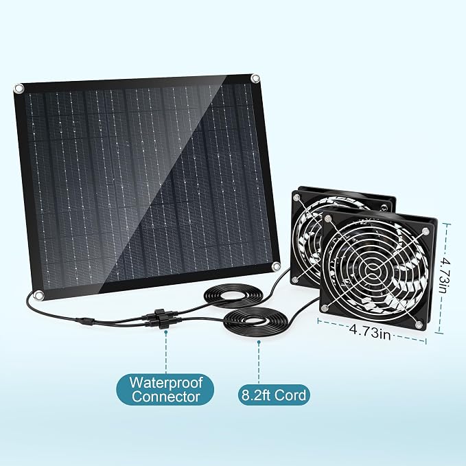 Solar Fan, 30W Solar Fan for greenhouses, Small Chicken coops, and pet Houses. IPX7 Waterproof Solar Panel Fan kit