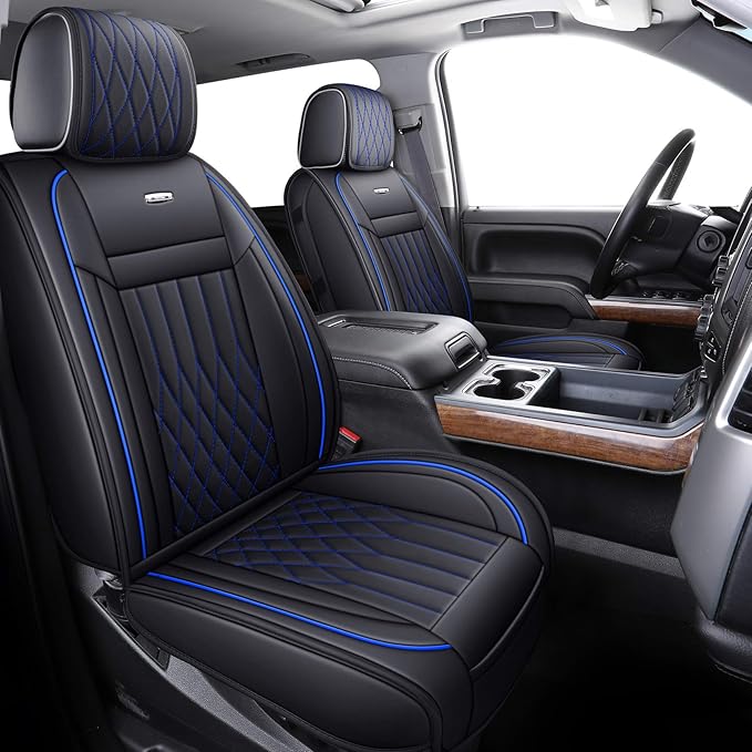 Aierxuan Chevy Silverado GMC Sierra Car Seat Covers Full Set, Custom Fit 2007-2026 1500 2500 HD 3500 HD Crew, Double, Extended Cab or Pickup Truck, with Waterproof Faux Leather (Black and Blue)