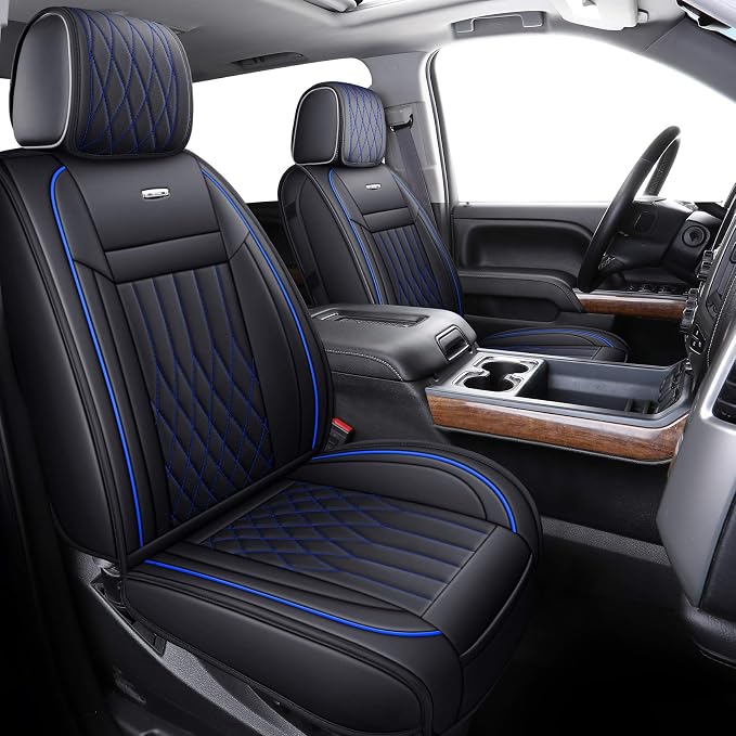 Aierxuan 2Pcs Front Chevy Silverado GMC Sierra Car Seat Covers, Custom Fit 2007-2026 1500 2500 HD 3500 HD Crew, Double, Extended Cab or Pickup Truck, with Waterproof Faux Leather (Black and Blue)