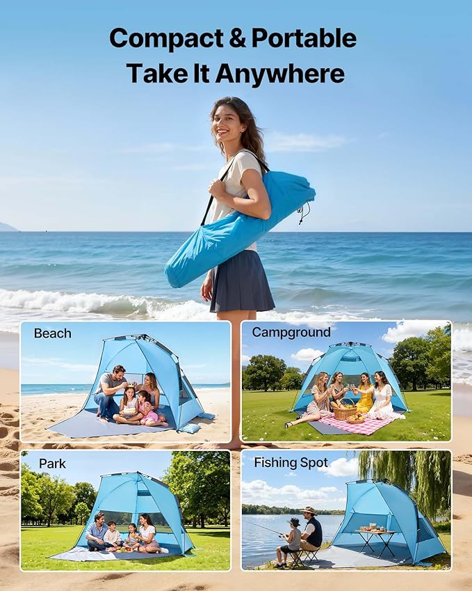 VEVOR Beach Tent Sun Shelter for 4 Person, Pop Up Beach Tent UPF 50+, Portable Sun Shade Beach with Carrying Bag and Sand Pockets, Easy Setup Umbrella for Camping Fishing Outdoor Picnic