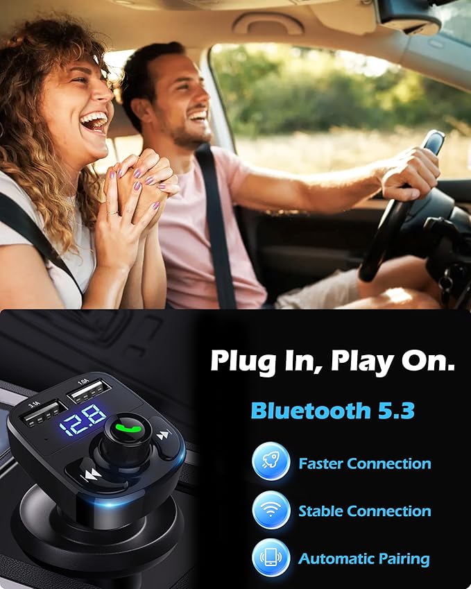 Handsfree Call Car Charger, Wireless Bluetooth 5.3 FM Transmitter Radio Receiver, MP3 Audio Music Adapter, Dual USB Ports, LED Show Voltage/FM Frequency, Compatible for iPhone Samsung Smartphones