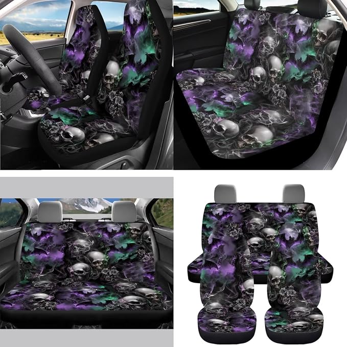 Goth Skull Car Seat Covers Full Set 15 Pcs Universal Car Accessories Steering Wheel Cover Seat Belt Pads Garbage Bag Car Headrest Pillow Covers Armrest Pad