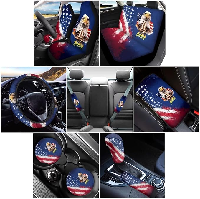 Wanyint Car Seat Covers Set 12 Pieces, Auto Seat Protector Steering Wheel Seat Belt Armrest Pad Handbrake Gear Shift Cover Coasters US 250th Anniversary Car Decor, American Flag Eagle Splash