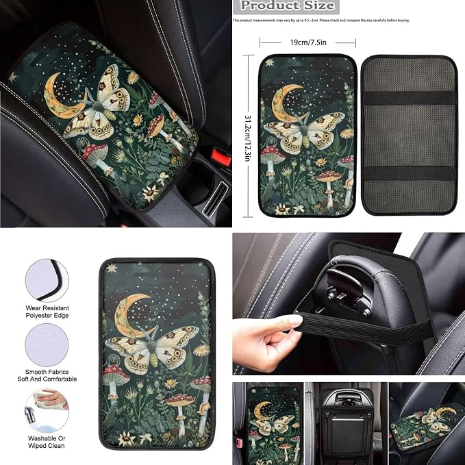 8 Pcs Moon Mushroom Moth Car Seat Covers Full Set Car Accessories for Women Front Seat Cover Steering Wheel Armrest Cover Seat Belt Cover for Auto SUV Interior Decoration