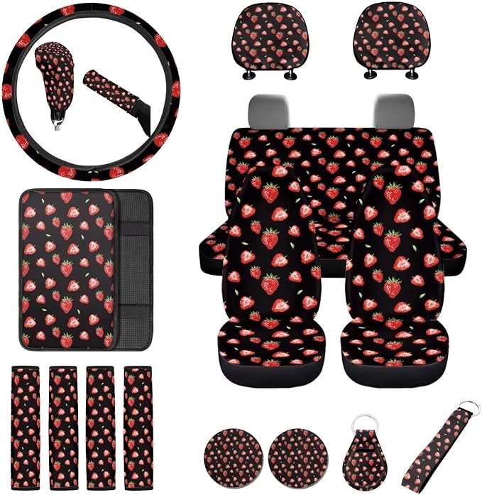 18Pcs Strawberry Car Seat Cover Set with Steering Wheel Cover,Headrest Protector, Car Cup Holder Coasters,Seat Belt Pads Armrest Pad Handbrake Protector and Key Chain
