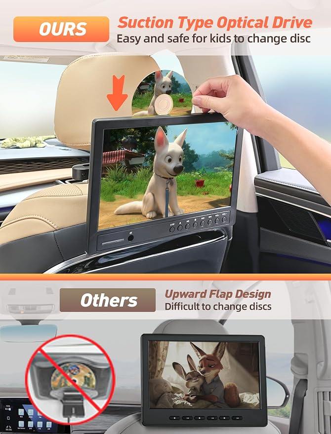 Arafuna 12" Portable DVD Player for Car with Headphone, Car DVD Player with Headrest Mount, Suction-Type Disc in, Headrest DVD Player Support HDMI Input, AV in/Out,1080P Video, USB/SD Card Reader