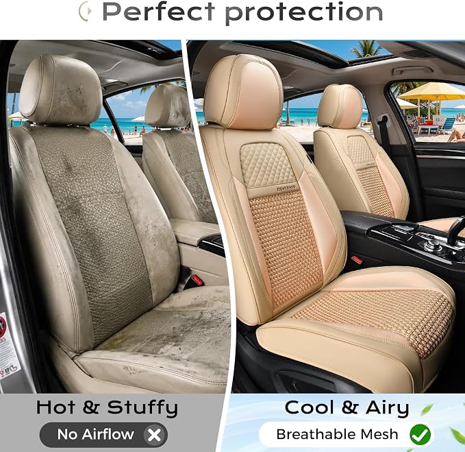 Coverado Car Seat Covers Front Seats, Waterproof Front Seat Covers Nappa Leather Seat Covers for Cars, Breathable Summer Car Seat Cushion Universal Fit for Most Cars SUV Trucks(Front, Beige)