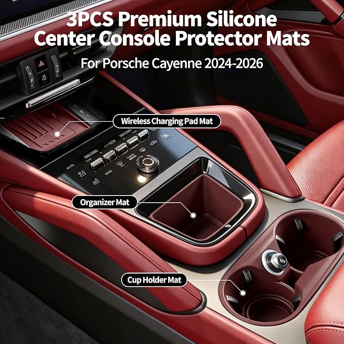 4PCS Center Console Storage Mat, Wireless Charging Silicone Mat, Full‑Wrap Cup Holder Inserts & Dashboard Center Clock Surrounding Compass Cover for 2024 2025 2026 Porsche Cayenne Accessories