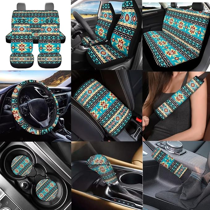Dreaweet Navajo Seat Covers for Cars Full Set Native American Tribal Geometric Turquoise Seat Cover with Steering Wheel Cover/Center Console Cover/Seatbelt Covers/Coasters/Gear Shift Cover,12 Pcs