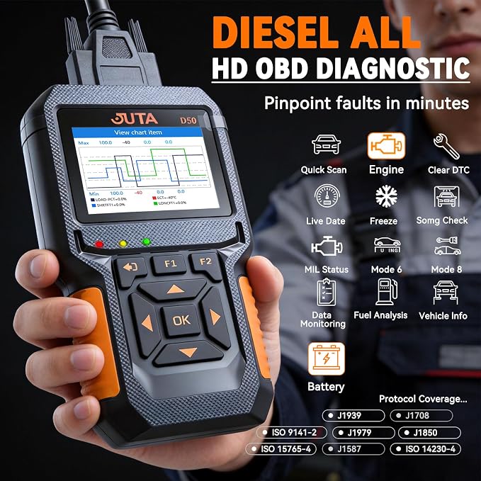 JUTA Heavy Duty Truck Scanner Diesel OBD2 Diagnostic Scan Tool, 2-in-1 Check Engine Code Reader for Car and Truck, Real-Time Data Stream, Battery Test