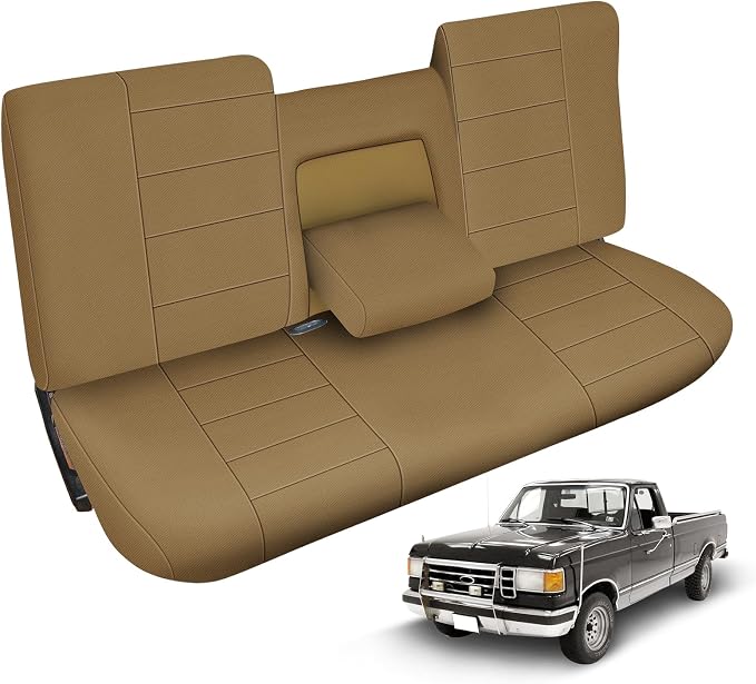 Truck Seat Cover Compatible with 1987-1991 Ford F150 Front Bench with Opening Armrest and Molded Headrest (Tan, 1987-1991 F150)