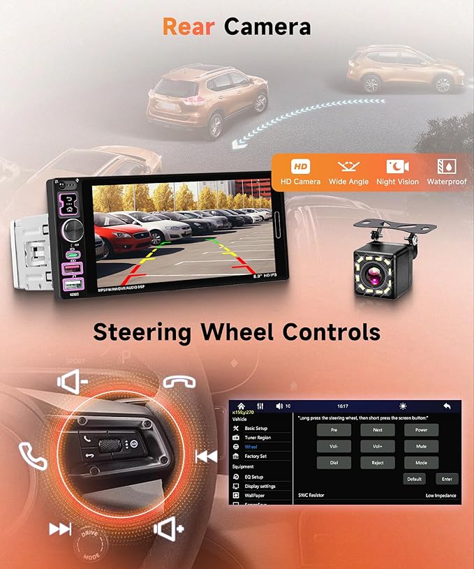 Car Stereo Single Din Wired Carplay Android Auto Car Radio with Bluetooth 5.2, Rimoody 6.9 inch Touch Screen Mirror Link FM/EQ USB-2/Type-C/SWC/MIC Car Audio Receiver with Backup Camera