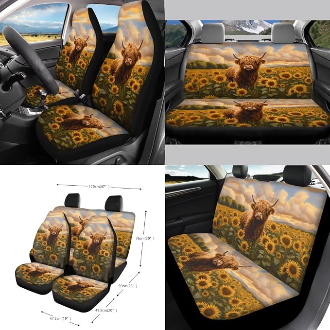 Sunflower Highland Cattle 15 PCS Car Seat Cover Full Set, with Steering Wheel Cover Seat Belt Strap Trash Cans Rear View Mirror Cover Coaster Air Vent Storage Bag Universal Fit
