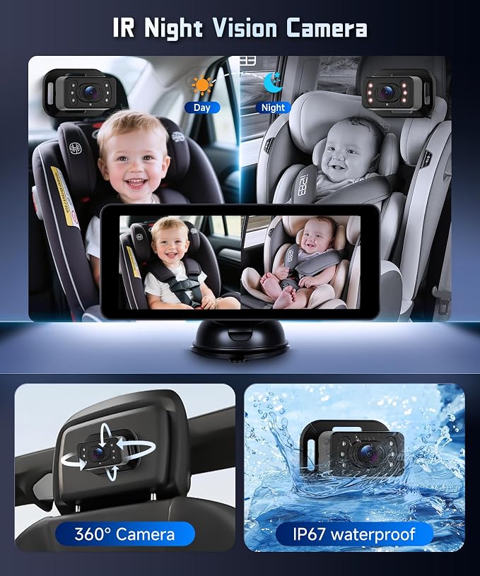 Rear Seat Baby Car Camera for Backseat HD-Rear-Facing CarBaby Monitor Night Vision, Adjustable View Angle, Easy Setup,360°Rotatable Camera, Safety for Kids 6.86“ IPS car Baby Monitor Split Screen