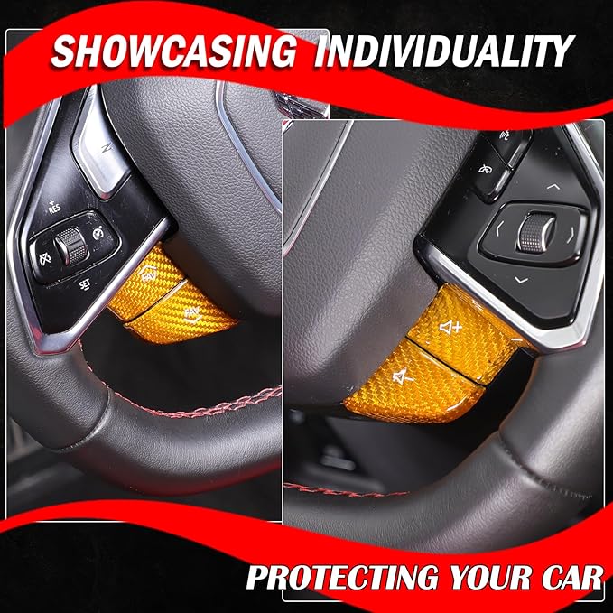 Dry Carbon Fiber Central Control Steering Volume Button Cover Compatible with Corvette C8 2020-2025 Accessories 4Pcs Center Consoles Steering Button Panel Sticker Decorative Interior Trim (Yellow)