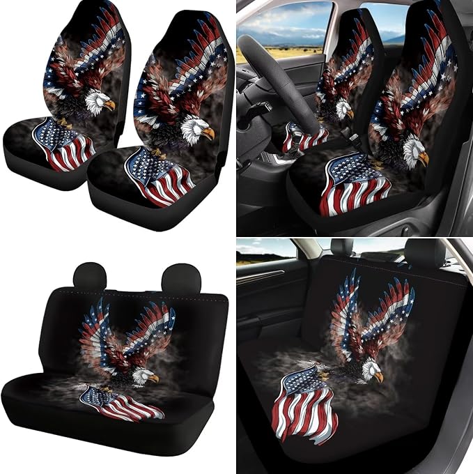 18 Pcs American Flag Car Seat Covers Full Set Eagle Steering Wheel Cover+Center Console Pad+Armrest Cover+Seat Safety Belt Pad+Seatbelt Covers+Cup Mats+Keychain,Car Interior Accessories