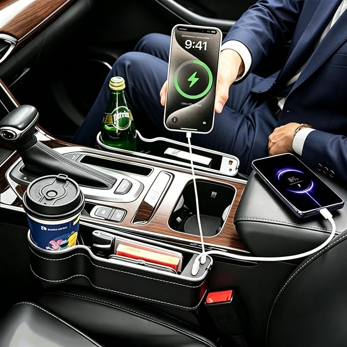 7 Colors LED Car Seat Gap Organizer Front Seat Organizer with 56W Fast Charger Center Console Gap Filler with USB Type C Charging Car Organizer with Cup Holder,LED Auto Interior Accessories (Black)