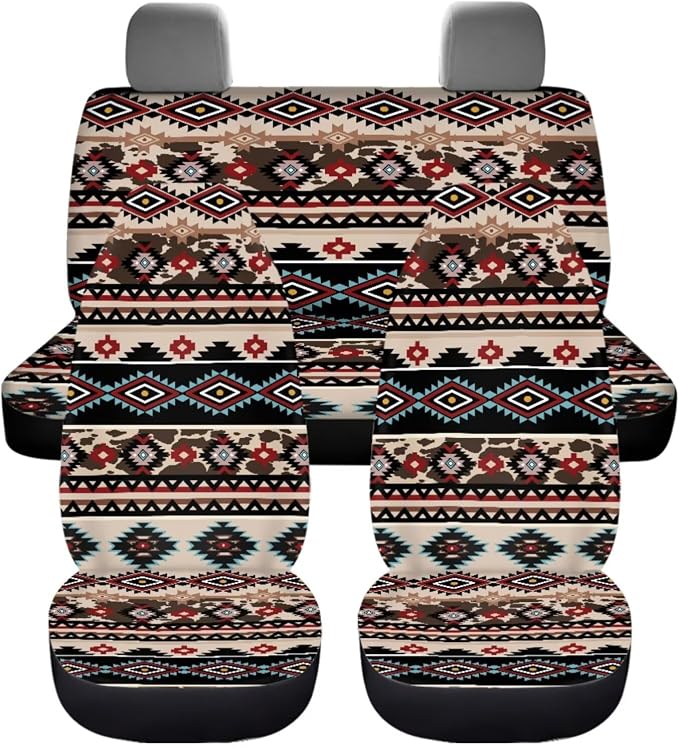 Dreaweet Southwestern Tribal Car Seat Covers Full Set Navajo Geometric Decor Front and Back Seat Covers with Steering Wheel Cover,Armrest Pads,Seat Belt Pads,Coasters,Gear Shift & Handbrake Cover