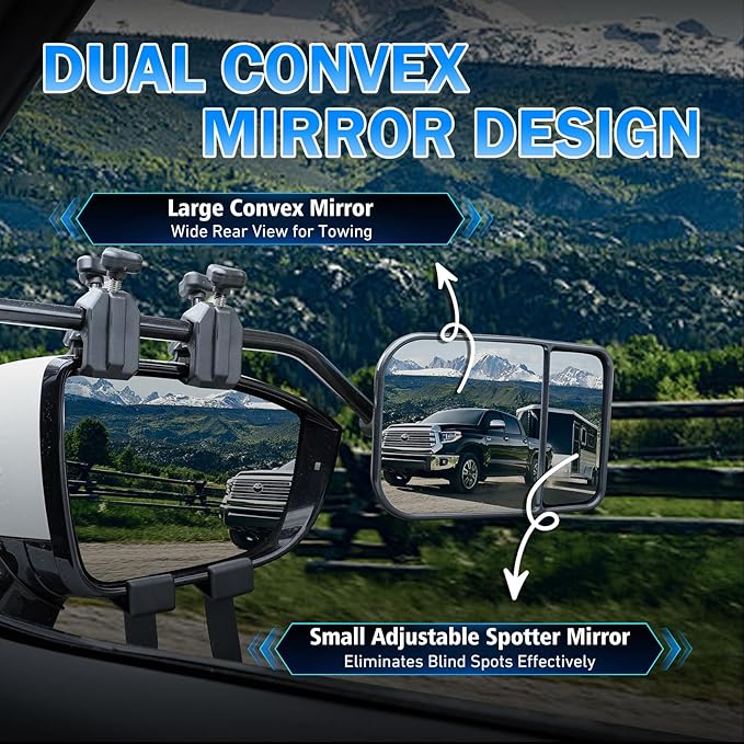 Clip-On Mirror Extenders for Towing, Shatterproof Dual View Convex Tow Mirrors, 360° Adjustable Universal Side Mirror Extensions for Truck, SUV, RV & Trailer, 2-Pack