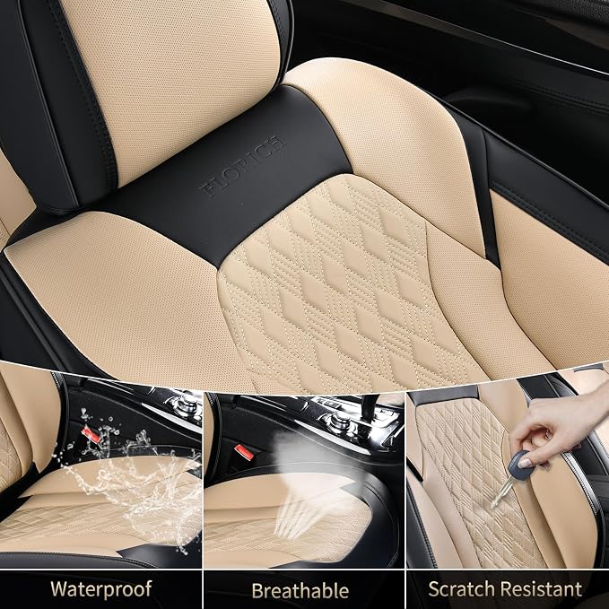 FLORICH Seat Covers, Car Seat Covers Front Seats, Luxury Nappa Leather Seat Covers, Breathable and Waterproof Car Seat Protector 2 Seat, Automotive Seat Covers Universal for Most Cars-Black&Beige