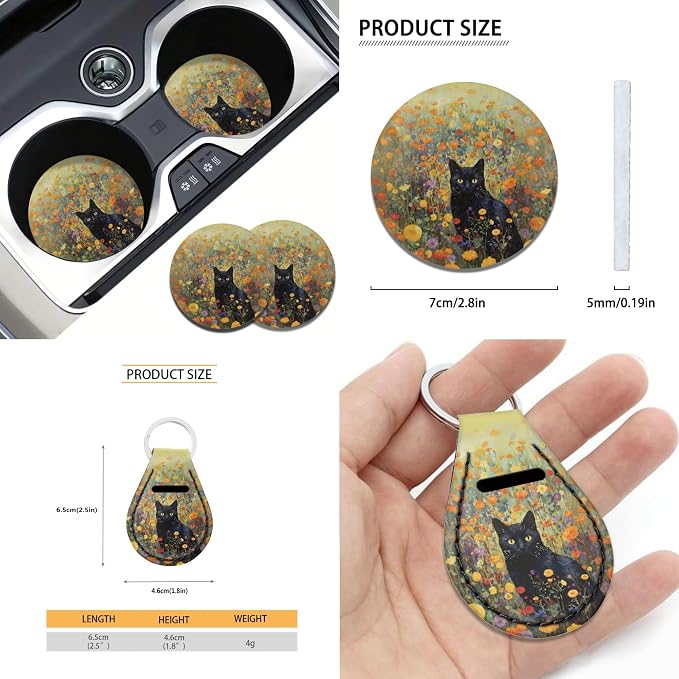 Xoenoiee Black Cat Floral Pattern 11 Pcs Car Accessories Car Seat Covers Full Set with Steering Wheel Covers, Universal Front Seat and Rear Bench Cover, Seat Belt Pads, Cars Coaster, Key Chains